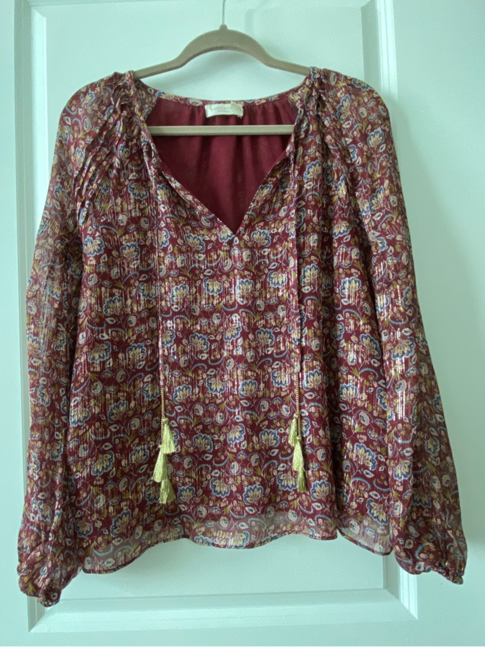 Gorgeous  Ramy Brook silk blouse in Berry Paisley with gold chain tassels